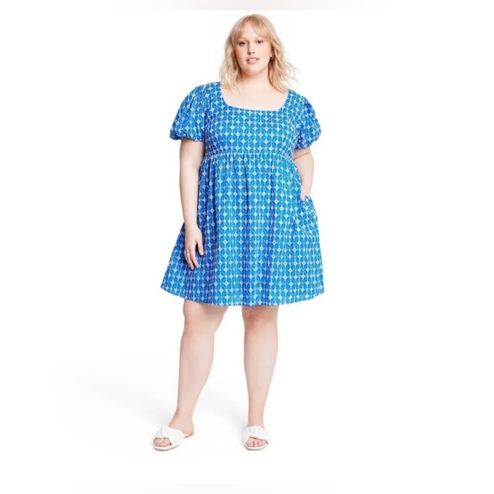 NEW RHODE X Target Women's Plus Size 2X Eyelet Print Mini Dress Blue White